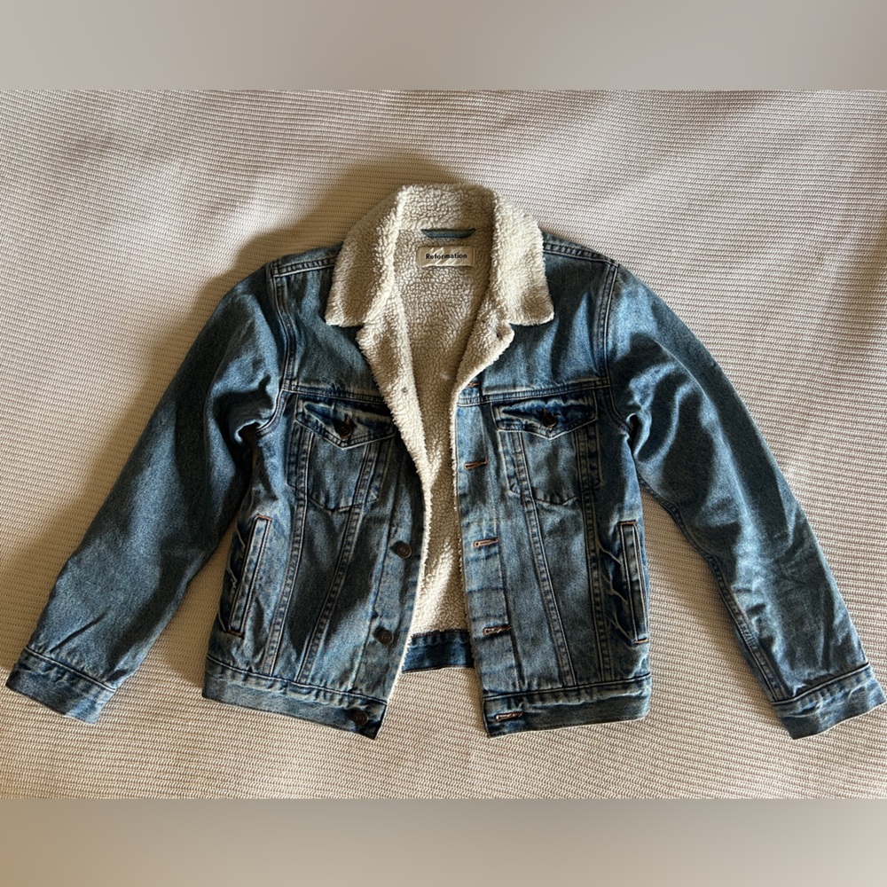 Reformation Blue Denim Jacket with Sherpa Lining